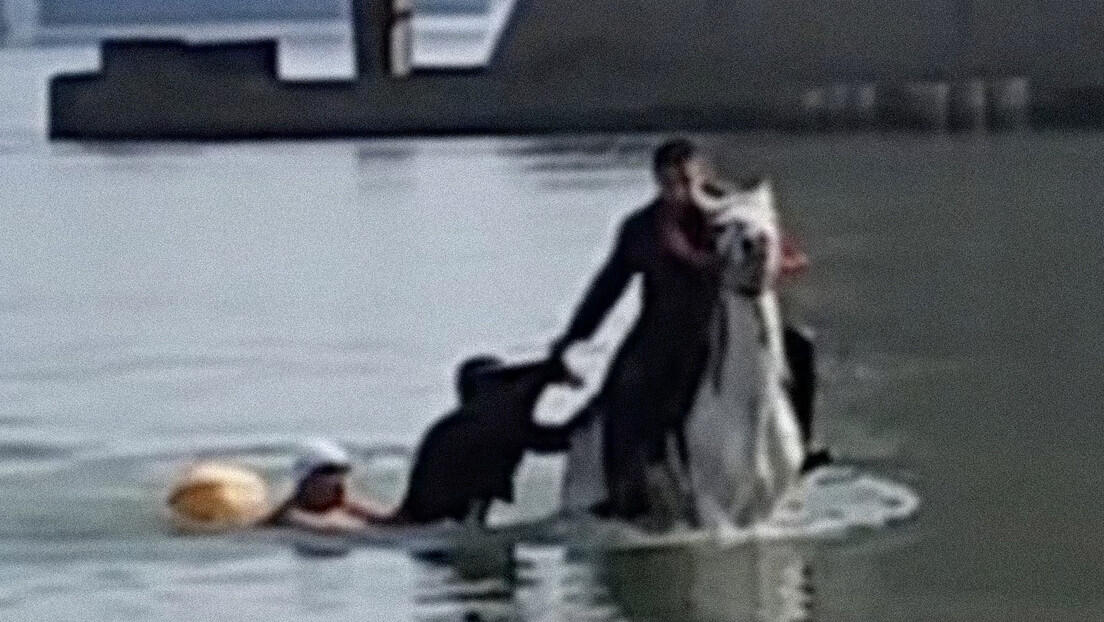 VIDEO: 'Príncipe azul' en un caballo blanco salva a un hombre de ahogarse en un río