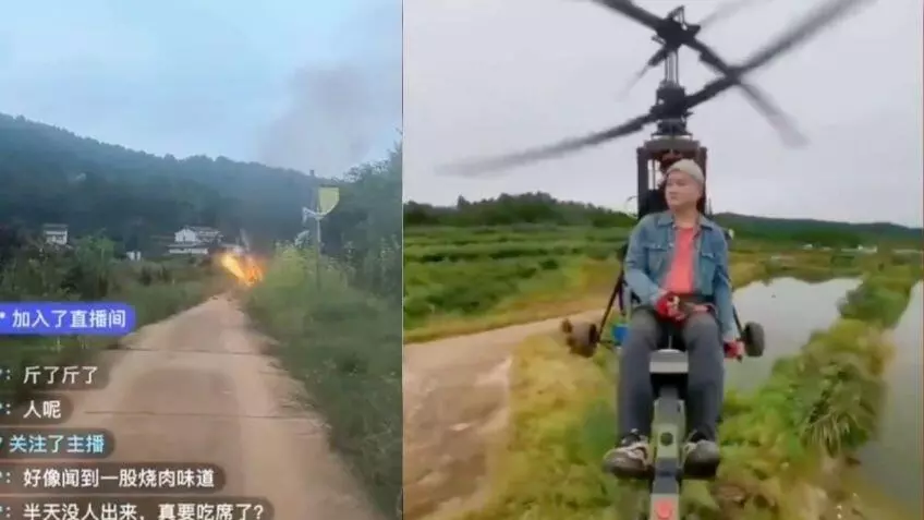En su transmisión en vivo, el creador de contenido Tang Feji, mostraba cómo volaba la aeronave ligera donde solo él viajaba