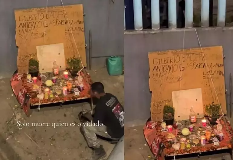 Hombre en situación de calle monta emotiva ofrenda improvisada de Día de Muertos, honrando a sus difuntos y conmoviendo a miles en redes sociales.