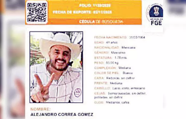 La Fiscalía estatal confirmó ayer que Alejandro Correa Gómez, exalcalde de Zinapécuaro, desapareció la madrugada del 2 de noviembre.