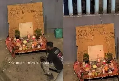 Hombre en situación de calle monta emotiva ofrenda improvisada de Día de Muertos, honrando a sus difuntos y conmoviendo a miles en redes sociales.