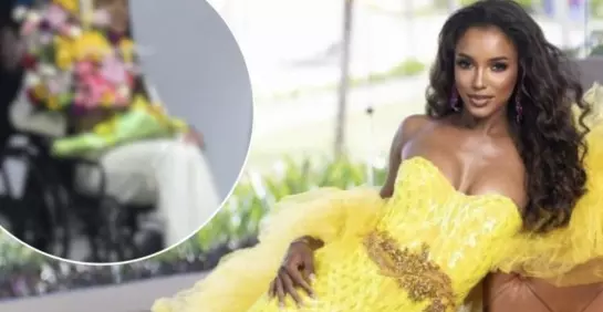 Miss Jamaica reapareció en silla de ruedas tras el accidente que sufrió en Miss Universo.