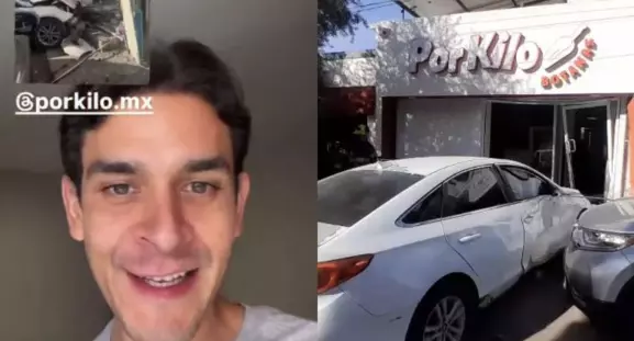 Un automóvil se estrelló contra la sucursal de Por Kilo Botanas en la colonia Constitución; el influencer reaccionó con humor en redes