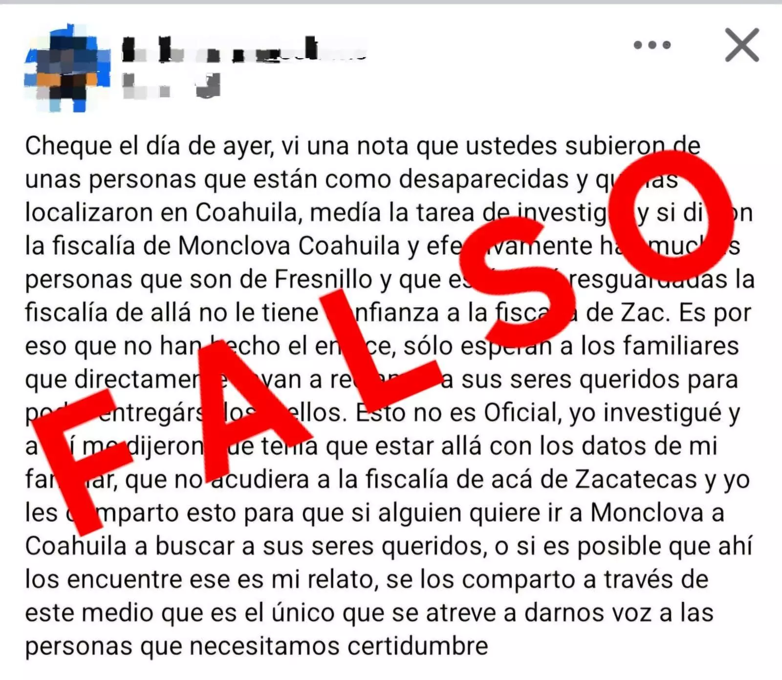 Alertan por información falsa de desaparecidos en Monclova