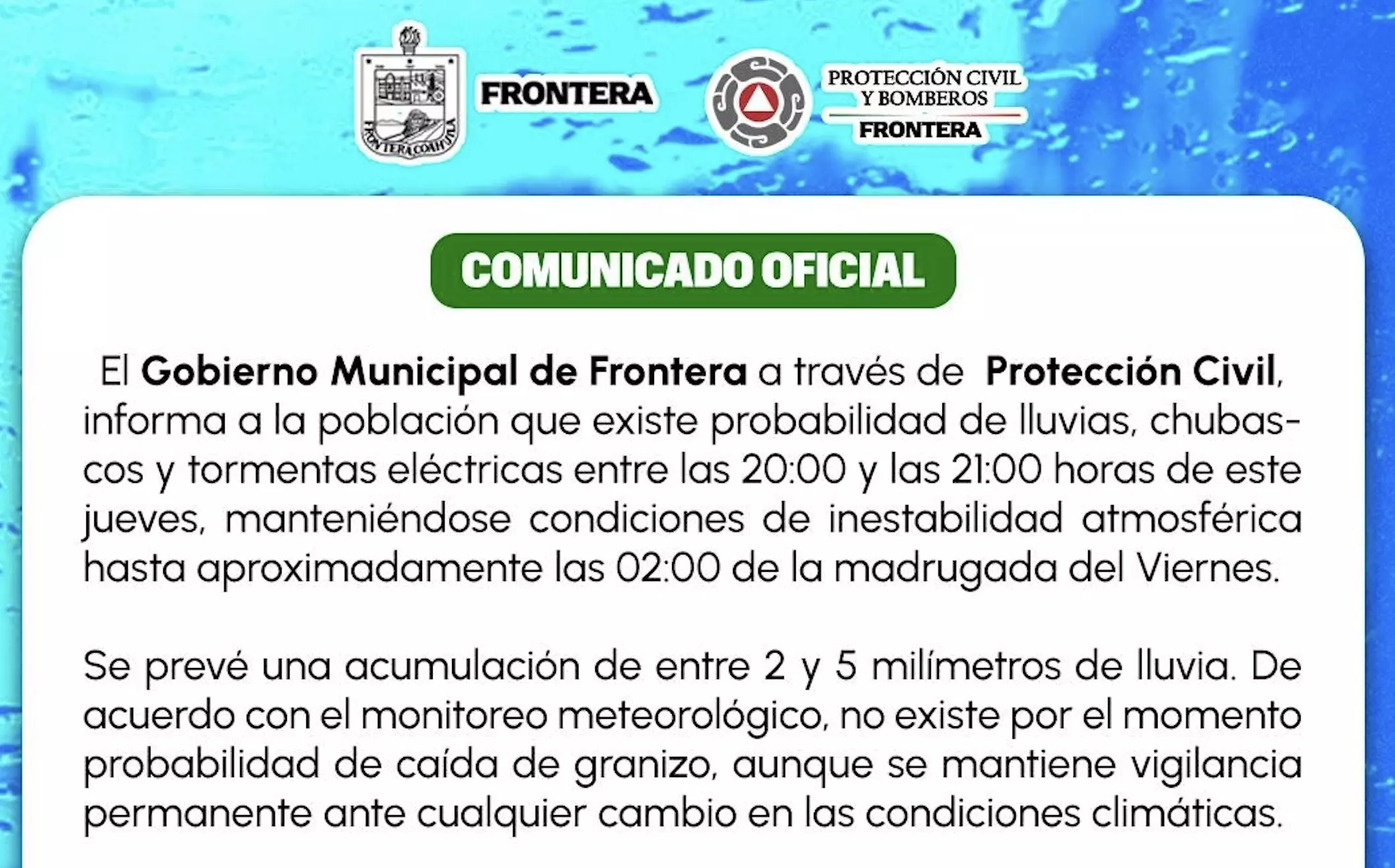 Alerta Frontera por lluvias y tormentas eléctricas