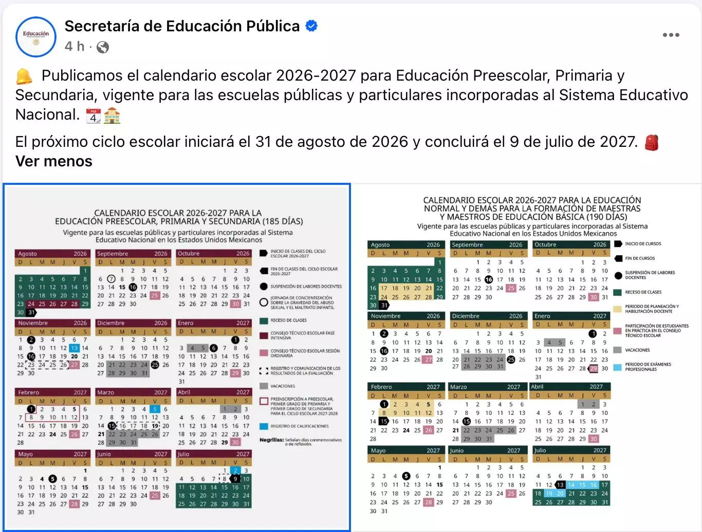El calendario contempla un total de 185 días efectivos de clases para alumnos de nivel básico