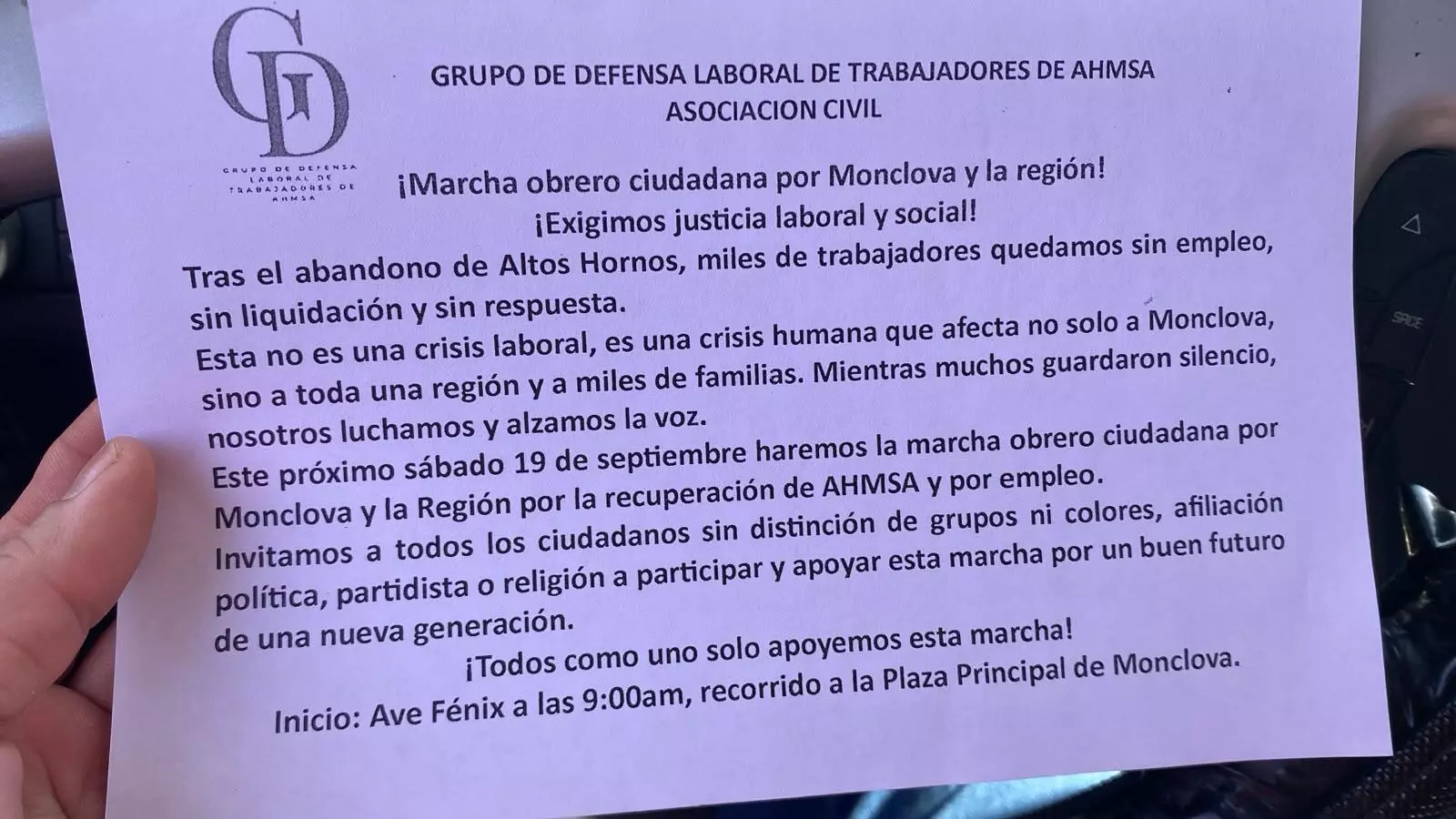 El Grupo de Defensa Laboral de Trabajadores de AHMSA, Asociación Civil, convocó a una “marcha obrero ciudadana” en Monclova y la región.