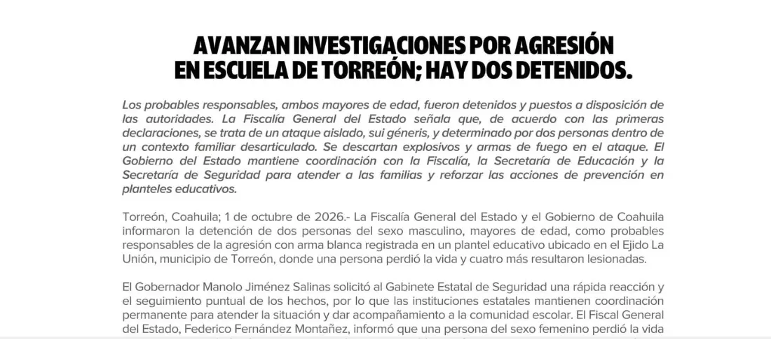 Avanzan investigaciones por agresión en escuela de Torreón; detienen a dos